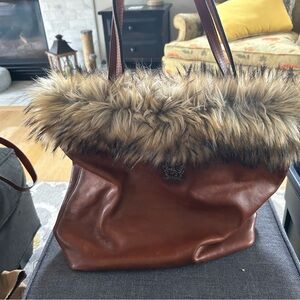 Pratesi brown leather tote with fur.